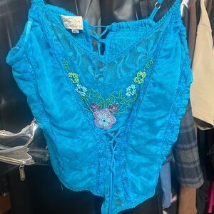 ANTICA SARTORIA Blue Embroidered Lace-Up Top Gorgeous! Excellent condition!